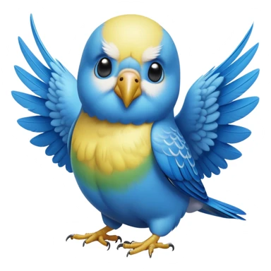 cinematic-[budgie]-realistic-full-body-perched-emoji,-wings-out-flying,-head-tilted-dramatically,-sleek-[blue]-feathers,-simplified-yet-realistic-focused-features,-highly-detailed,-glowing-with-an-almost-sarcastic-glow sticker