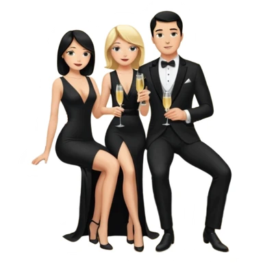 Blonde woman, black, Long, tight, sleveless Dress, Slot left Leg, man, DARK Hair, in Dinner jacket, Background bedroom, drinking champaign sticker