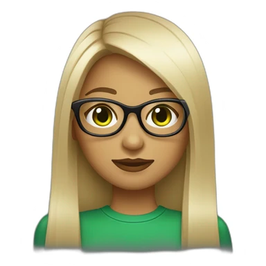 une fille avec de long cheveux noir lisse , des yeux vert , et avec des lunette (en forme de carrer un peu déformé) assez grosse comparer a ça tête , portant un pull noir sticker