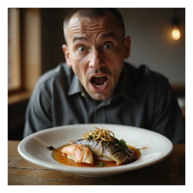 hyperrealistic style of a man horrified looking at his plate of sushi and raw fish noticing parasites among the food, Japanese restaurant environment, 4K details sticker