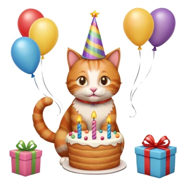 Ginger cat celebrates birthday, birthday hat, birthday cake, balloons, happy, gifts sticker