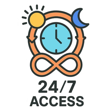 Flat design icon for '24/7 Access' illustrating a clock, sun and moon, or infinite loop, suitable for a business presentation. sticker