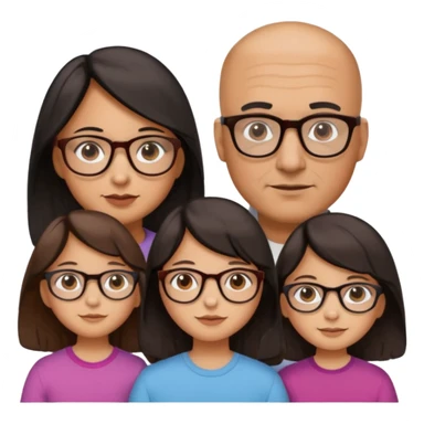 Papà calvo con occhiali, mamma capelli neri occhi marroni no occhiali, figlia capelli marroni mossi e occhiali tartarugati con montatura spessa occhi marroni, figlia capelli lisci marroni occhiali neri con montatura grande e fina occhi marroni  sticker