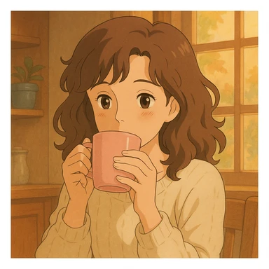 light-skinned woman with wavy brown hair, drinking coffee from a pink cup, ghibli style sticker