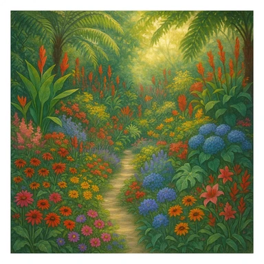 A lush botanical garden with diverse plants and flowers, vibrant and detailed, inviting atmosphere sticker