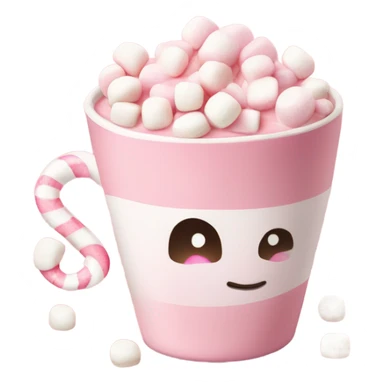 A light pink hot chocolate cup with little marshmallows in and a pink and white candy cane  sticker