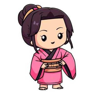 chibi Nezuko with pink kimono and bamboo muzzle in her mouth sticker