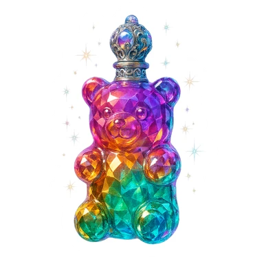 luxurious crystal elixir bottle in gummy bear shape, vibrant translucent color, ornate silver and iridescent details, very small neck, seamless bottom, bottle clearly floating in air, no base or shadow, modern, collection style, extra magical glowing and sparkling effects sticker