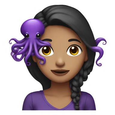 girl with longish very dark brown hair (semi-black) wearing an all-purple outfit, holding a purple octopus sticker