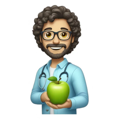 A male nutritionist with a full beard and dark, curly hair and white skin, wearing glasses, holding an apple in his hand. Who has a light blue shirt on. sticker