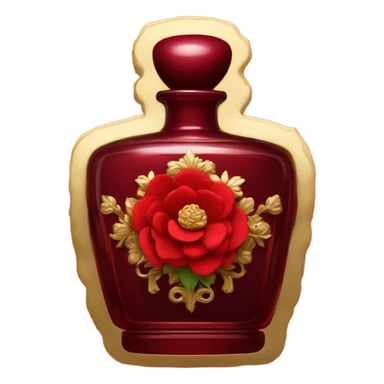 Dark red ornate perfume bottle with red camellias and golden accents sticker