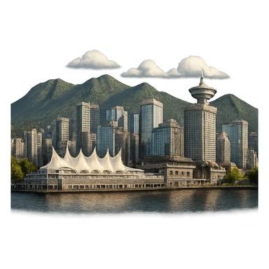cinematic, realistic emoji of Vancouver skyline with iconic landmarks such as Canada Place, the Vancouver Lookout, and mountains in the background, lifelike detail, accurate colors, bright lighting, wide city view, fully transparent background sticker