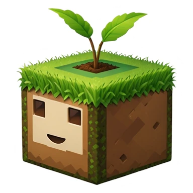 A 3D Apple-style emoji of a simple Minecraft-style grass block, cube-shaped with green grass on top and brown dirt on the sides, no background, clean design. sticker