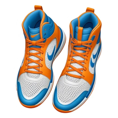 Cinematic Realistic image of a pair of basketball sneakers featuring detailed mesh and leather textures, vibrant color accents and dynamic design lines, illuminated by bold, high-energy arena lighting sticker