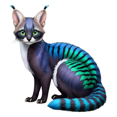 Colorful dark tropical cobalt-blue, black, white fur, with green eyes, iridescent glorious divine exotic cute cool beautiful shiny beautiful fantasy-caracal-civet-genet-sergal-vernid-Cacomistle-Furret-civet-oncilla-animal-Fakémon-hybrid-fursona with pattern markings (full body) sticker