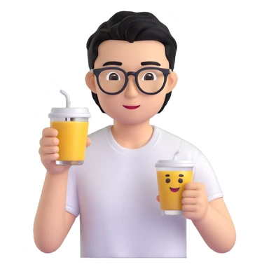 young handsome Asian man with black coffee colored hair, wearing white T-shirt, black framed glasses, holding glasses, very smart, 3D emoji style sticker