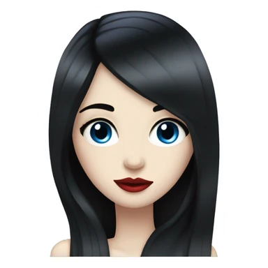 A girl with pale skin, long straight black hair, blue eyes with long eyelashes, red lips sticker