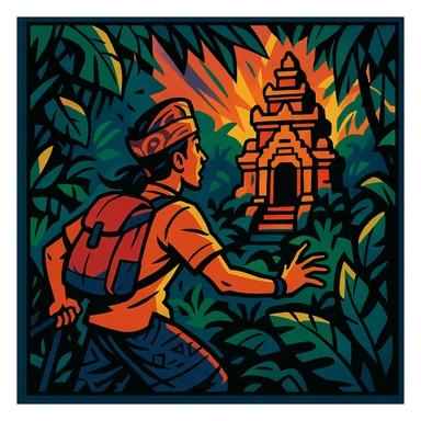 comic book panel of a Bali nomad discovering a hidden jungle temple, dramatic lighting, bold comic lines, energetic pose, lush tropical foliage, vibrant colors sticker