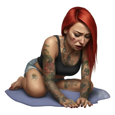Hyper Realistic Beautiful tattooed woman crying sadly on the floor  sticker