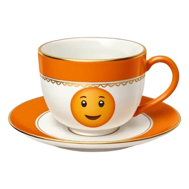 Hermès-style teacup with saucer, Hermès orange, gold trim, luxury, cute emoji style sticker