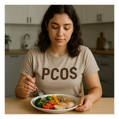 young woman with PCOS sitting at a table, eating a colorful plate of vegetables, whole grains, and lean proteins, serene atmosphere, realistic details, modern kitchen background sticker