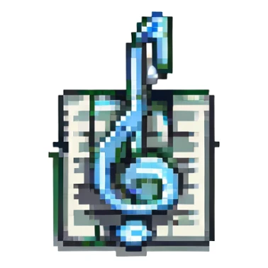 A pixel art style business card with a black background and pink text, featuring a pixelated music note icon. sticker