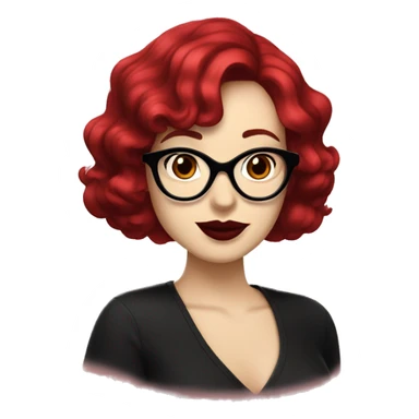 Woman with red wavy bobcut and black cateye glasses, pale skin and red lipstic sticker
