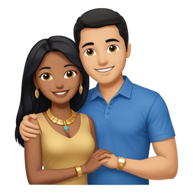 smiling embracing interracial couple from waist up. ebony woman with long hair and jewelry. brazillian man short hair wearing blue. sticker