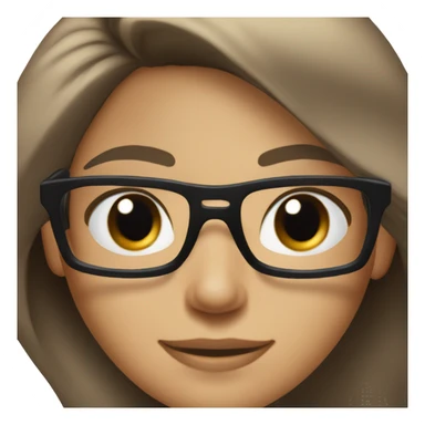 female, light brown skin, long black hair with some grey, wearing blue eyeglasses. Brown eyes. Wering a polo shirt. Smiling sticker