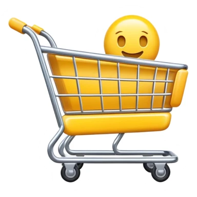3D glossy yellow shopping cart icon, cute and minimalistic style, e-commerce emoji design, smooth plastic texture, isolated on transparent background, high resolution, soft lighting, no text sticker
