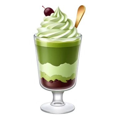 Japanese matcha parfait in a glass, with layers of green tea ice cream, and whipped cream sticker