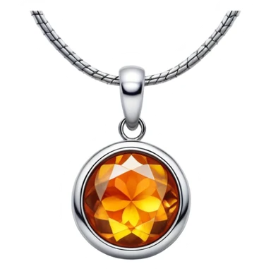 extreme close up of a round cut holographic amber charm with silver metal accent and snake chain sticker
