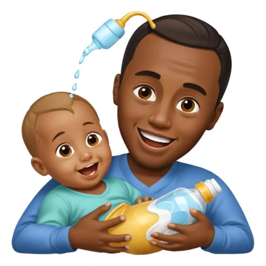 Sean “Diddy” Combs with baby oil and a very small infant and he’s pouring the baby oil on the infant that is laughing with a very exaggerated expression sticker
