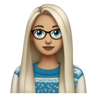 light skin, dark brown hair, blue eyes, long straight hair, girl wearing aesthetic sweater, glasses sticker