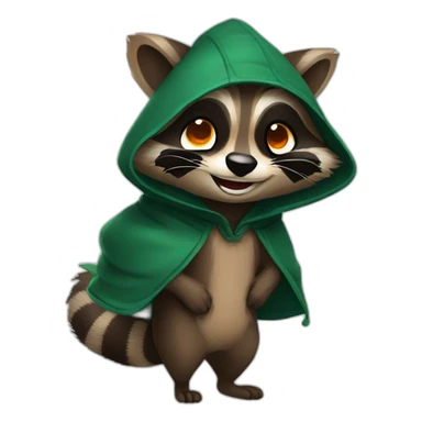 brown raccoon with orange eyes and a dark green hood that is laughing sticker