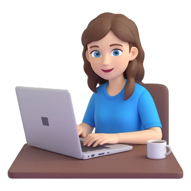white girl, brown hair, blue eyes, typing on a laptop, relaxed and happy sticker