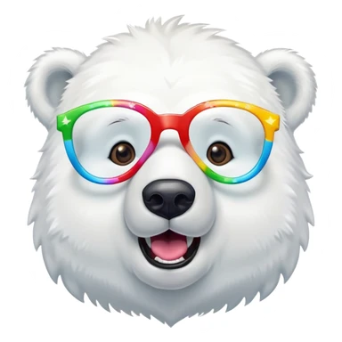 close up headshot of a friendly anthropomorphised polar bear with excited expression wearing large multicolored star-shaped glasses sticker