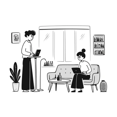 escenary 3d of a cozy mid-century living room with two people working on laptops, one man standing at a desk and one woman sitting on a couch, two walls and floor visible sticker