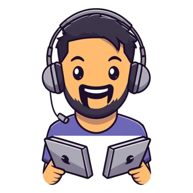 anime style laughing man with black hair, brown eyes, black beard wearing gaming headset sticker