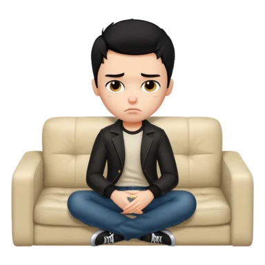 a pretty bratz boy with black hair and fat on a sofa looking sad sticker
