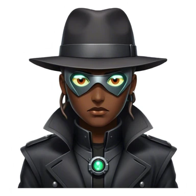 A dystopian bounty hunter, black trench coat, cybernetic eye glowing sticker