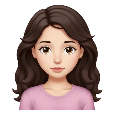 Aesthetic white girl with really long wavy/curly hair color dark brown, hair must be in front of the shoulders (hair in front of the shoulders). Big almond shape tired eyes color brown with dark circles, wide nose, natural lips, sweet expression. Dressed with a cute tight top color light pink. sticker