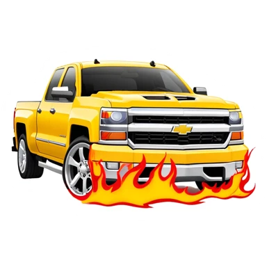 Yellow Chevrolet Silverado with custom red flame artwork specifically on the front bumper, hood remains plain yellow, authentic Kill Bill truck design, 30-degree angle, iOS emoji style sticker