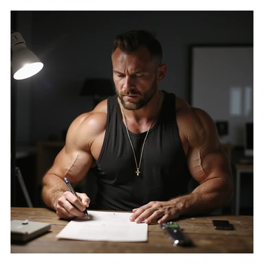 Coach di bodybuilder che scrive un protocollo di sostanze su un foglio, in ambiente da studio o ufficio, con fiale e siringhe sulla scrivania, atmosfera professionale, dettagli iperrealistici 4K. sticker