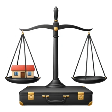 Minimalistic flat vector icon, iOS style, thin black contour on white background. Balanced scale with a house on one side and a briefcase on the other. Clean, no text, no shadows.
 sticker