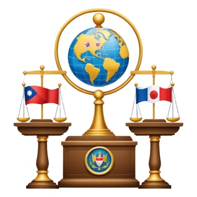 An icon featuring a podium with a speaker, national flags, and voting ballots, symbolizing political science. The design includes a globe and scales of justice in the background, representing governance, global affairs, and political theory. Transparent background emphasizes civic engagement sticker