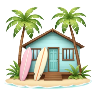 Hawaiian bungalow house, pastel colors, wooden porch, surfboard leaning on wall, palm leaves, tropical vibe, cute mobile game icon style, 3D cartoon, clean background, no text
 sticker