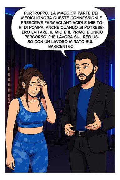 TRASFORMA QUESTO CAROSELLO IN UN FUMETTO STILE WEBTOON/MANGA A COLORI CON QUESTE DUE PERSONE IDENTICHE CHE INTERLOQUISCONO TRA LORO, L'uomo sta spiegando alla donna questo concetto MENTRE LA DONNA SI TIENE la mano sulla fronte sconcertata:

LUI (UOMO): Purtroppo, la maggior parte dei medici ignora queste connessioni e prescrive farmaci antiacidi e inibitori di pompa, anche quando si potrebbero evitare.
Il mio è il primo e unico percorso che lavora sul reflusso con un lavoro mirato sul baricentro; sticker