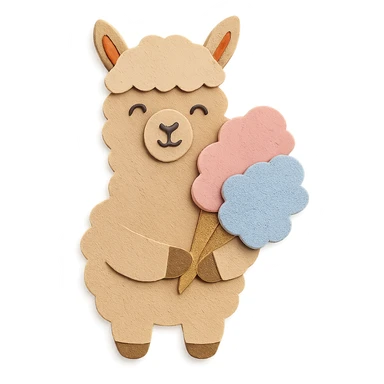 alpaca holding cotton candy bouquet in paper-craft style sticker