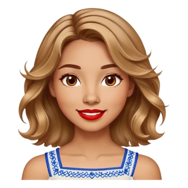 Enthusiastic woman with healthy glowing skin, round cheeks, warm smile, expressive light brown eyes, red lipstick, wavy dark blonde shoulder-length hair with highlights, summery white top with blue embroidery and electric blue neckline sticker